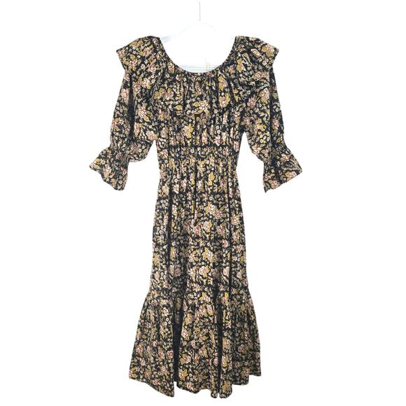 Mille Stevie Midi Dress Rose Floral Ruffle Neckline Block Print Cotton M NEW - Picture 1 of 10